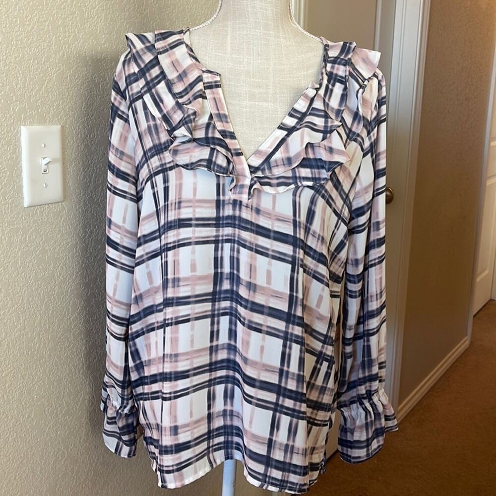 Loft Outlet Women's Pink Blue White Blouse Shirt Ruffle Large Petite Feminine
